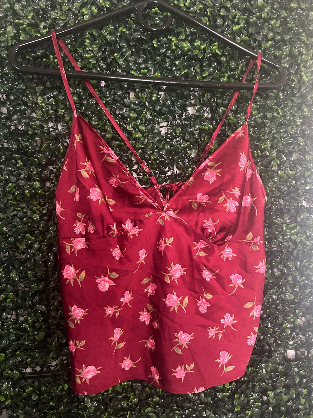 Y2K Burgundy Floral Satin Camisole with Pink Roses